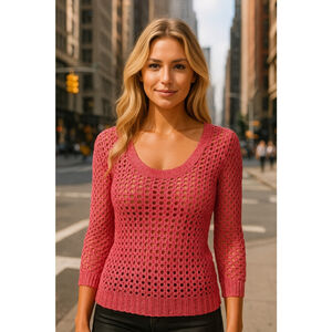 Rue21 Open Knit Fishnet Sweater Top Metallic Pink L Lightweight Sheer 90s Y2K